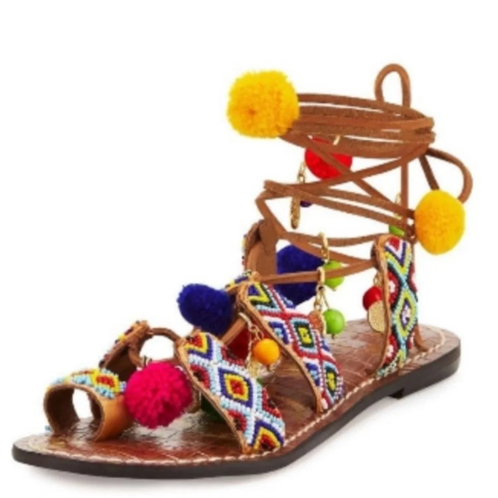 Sam Edelman Lisabeth Sandals 6 Lace Up Beaded Pom‎ Pom Bohemian Brand New